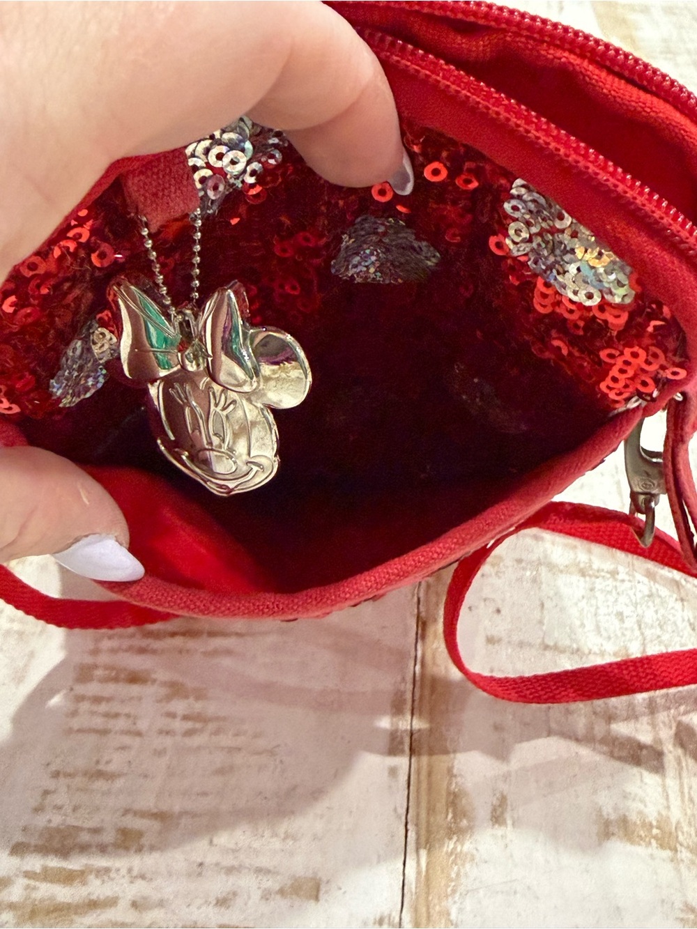 Disney Parks Red Sequins Polka Dot Crossbody Bag Red and White Minnie Mouse - Picture 6 of 14